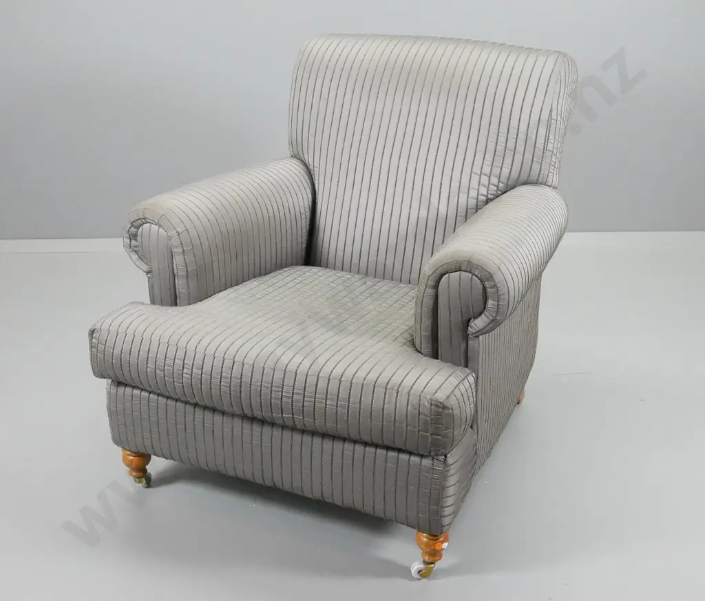 chesterfield rolled-arm high back lounge chair, porcelain casters on front, grey ribbed fabric H880 W830 D950 Image 1++