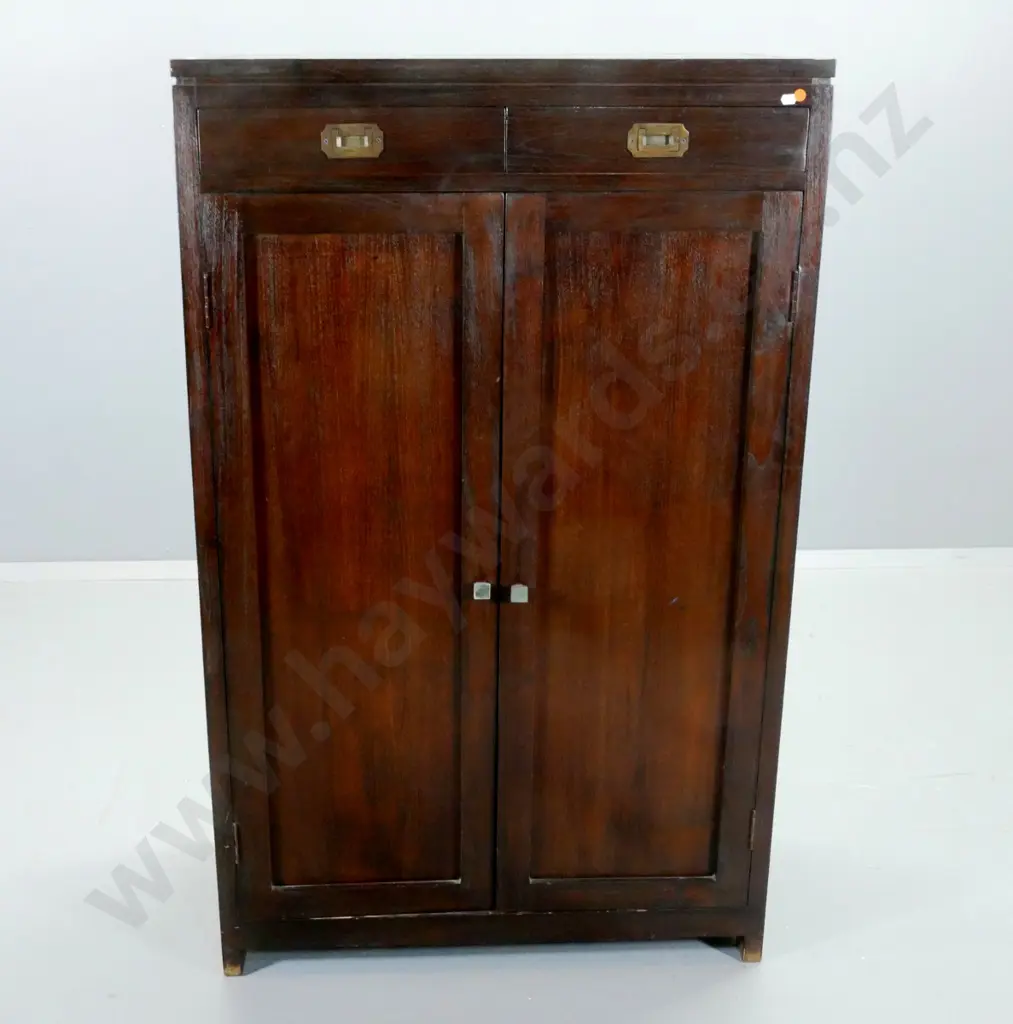 reproduction mahogany tall cabinet with 2 drawers w/campaign handles, shoe shelves inside H1300 W800 D380 Image 1++