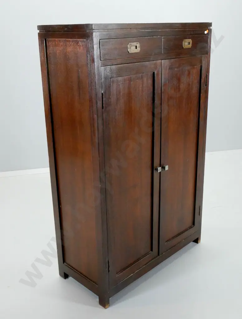 reproduction mahogany tall cabinet with 2 drawers w/campaign handles, shoe shelves inside H1300 W800 D380 Image 1++