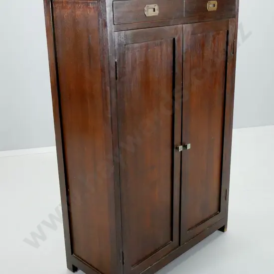 reproduction mahogany tall cabinet with 2 drawers w/campaign handles, shoe shelves inside H1300 W800 D380