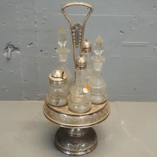 vintage silver plated 5-piece condiment set - stand marked Roger & Smith Meriden CT USA H-410