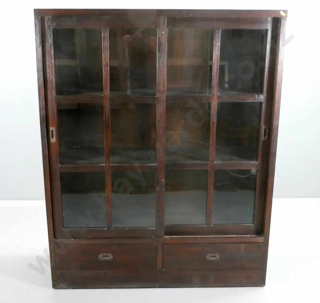 reproduction mahogany bookcase w/2 sliding glazed doors, 2 drawers w/ brass campaign handles H1505 W1200 D400 Image 1++