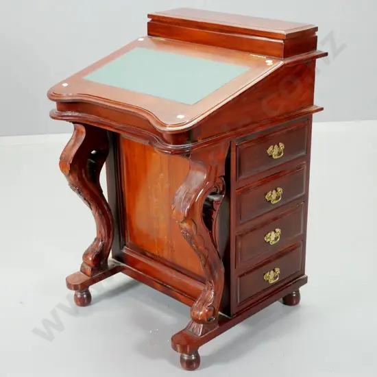 reproduction Victorian style mahogany davenport desk w/leather inset, 4 drawers, carved legs H850 W550 D560