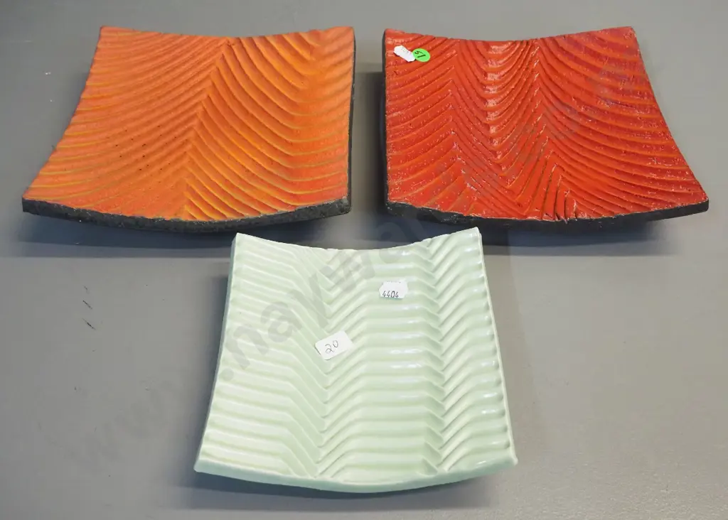 3 Danny Moorwood studio pottery wall tiles - two orange matte 200 x 200 and smaller green high glaze Image 1++