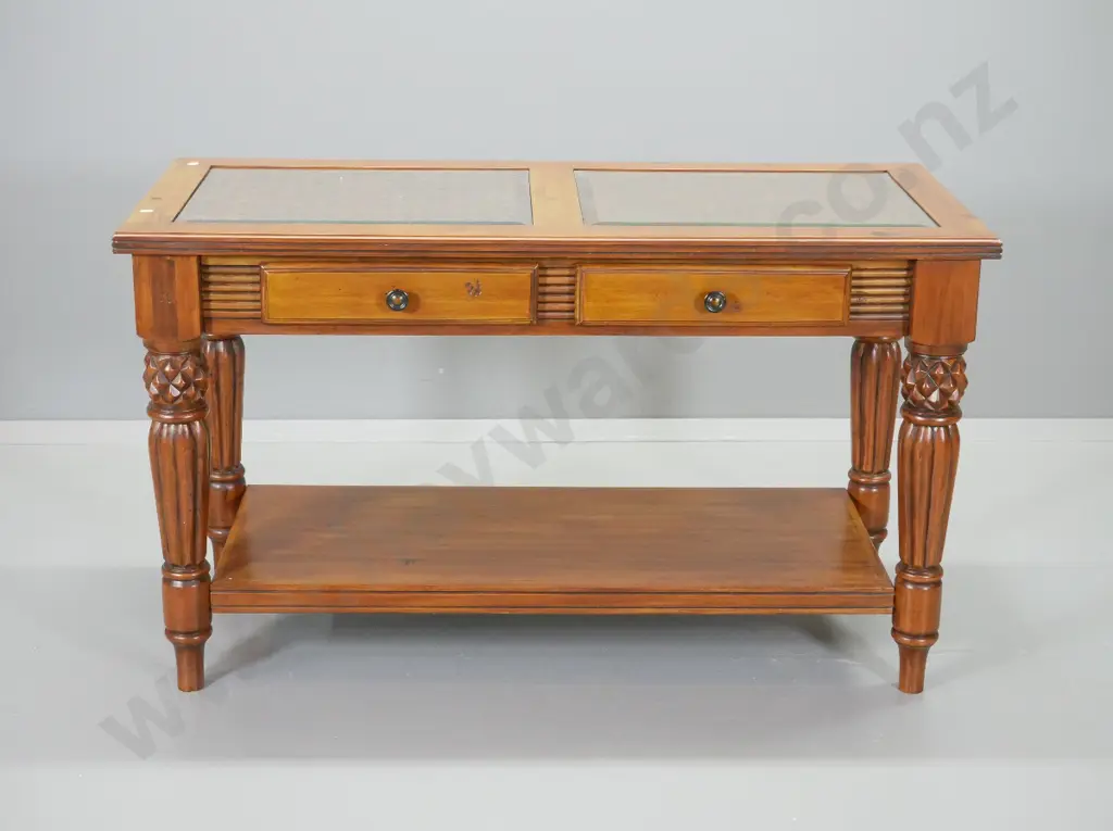 Zocalo West Indies style chemara timber 2-drawer hall table w/ carved & fluted legs H710 W1210 D550 Image 1++