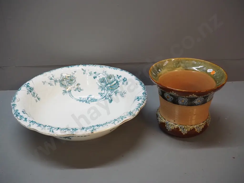 vintage Doulton Lambeth relief pattern jardiniere H200 D225 and a Johnson Bros. Flora pattern washbowl Image 1++