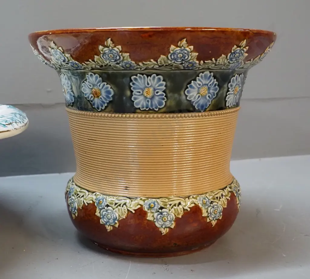 vintage Doulton Lambeth relief pattern jardiniere H200 D225 and a Johnson Bros. Flora pattern washbowl Image 1++
