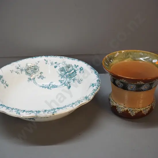 vintage Doulton Lambeth relief pattern jardiniere H200 D225 and a Johnson Bros. Flora pattern washbowl