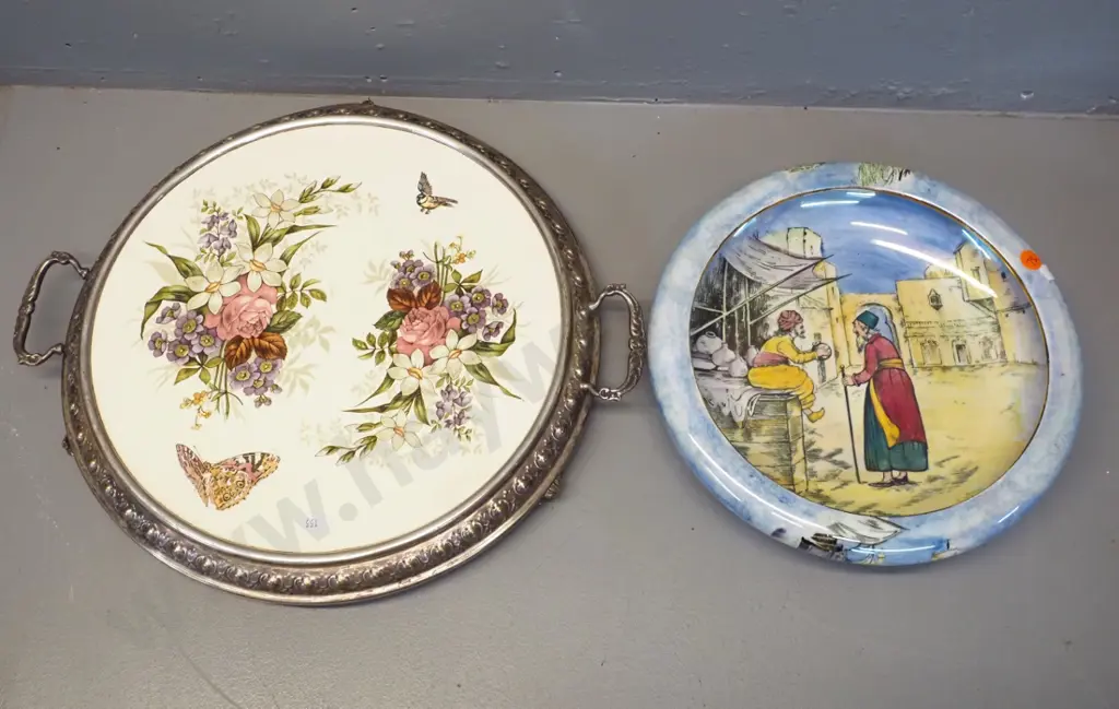 Grimwades 'Glimpses of the East' lustre glaze float bowl D260 & a vintage porcelain and plated rim tray - 1 handle loose Image 1++