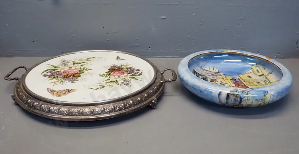 Grimwades 'Glimpses of the East' lustre glaze float bowl D260 & a vintage porcelain and plated rim tray - 1 handle loose Image 1++