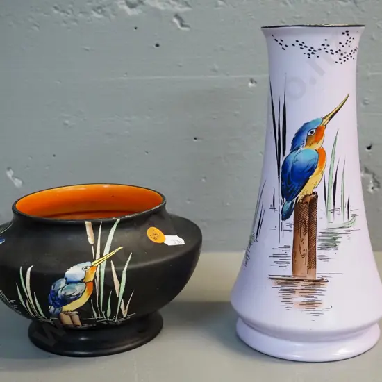 2 Shelley kingfisher motif vases - taller mauve one has hairline crack and some wear to finish on rim H-220