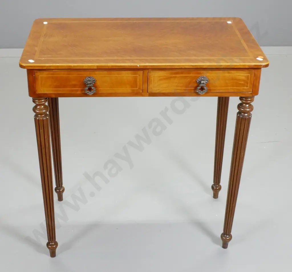 reproduction flame mahogany w/inlay border 2-drawer occasional table w/ fluted legs, wobbly, one leg at slight angle Image 1++