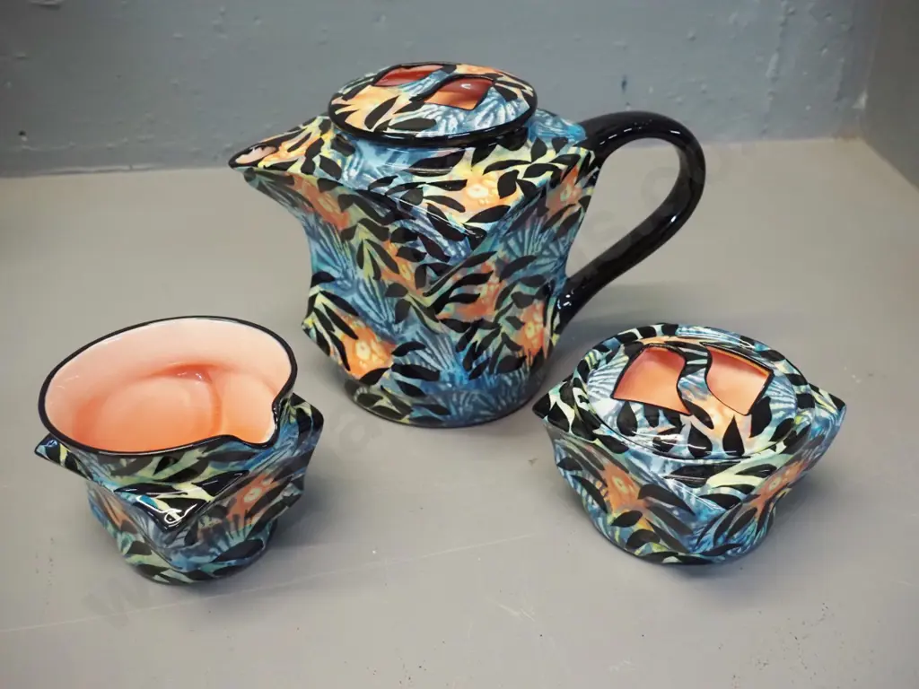 Steiner Studios 'Frana' New Zealand studio pottery teapot, milk jug and lidded sugar bowl. Teapot H-160 W-230 Image 1++