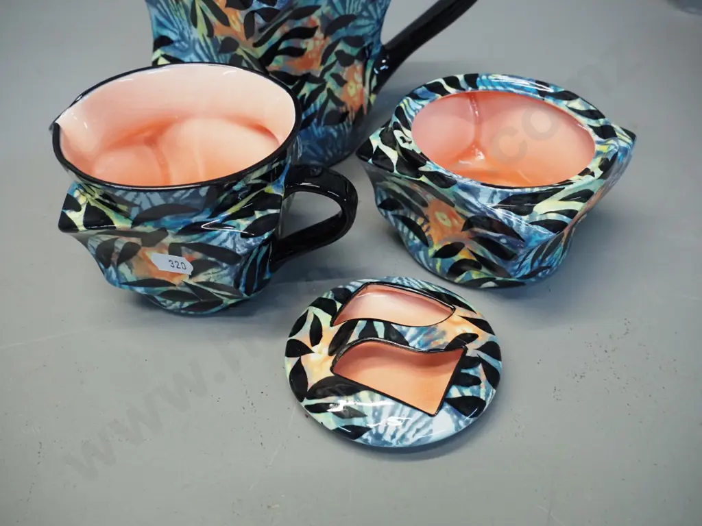 Steiner Studios 'Frana' New Zealand studio pottery teapot, milk jug and lidded sugar bowl. Teapot H-160 W-230 Image 1++
