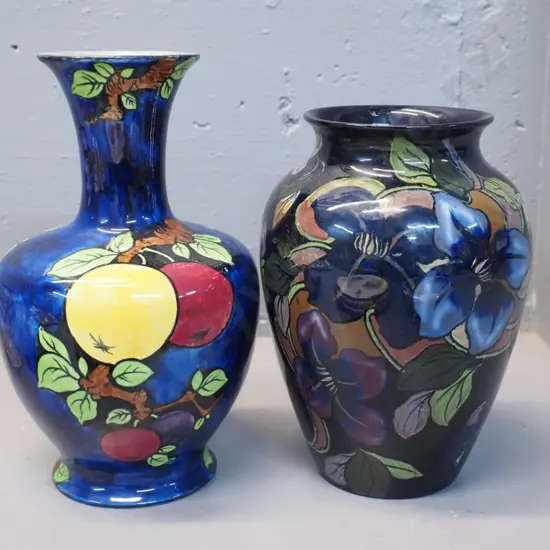 2 hand painted vases - Royal Stanley Jacobean H-220 and BF Co Ltd Scotland