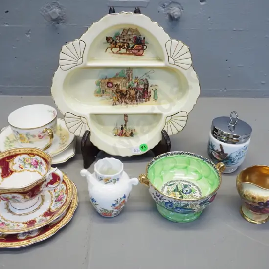 English china items - Doulton cup, saucer, plate, Royal Albert trio, Aynsley vase & Orchard Gold jug, Royal WInton