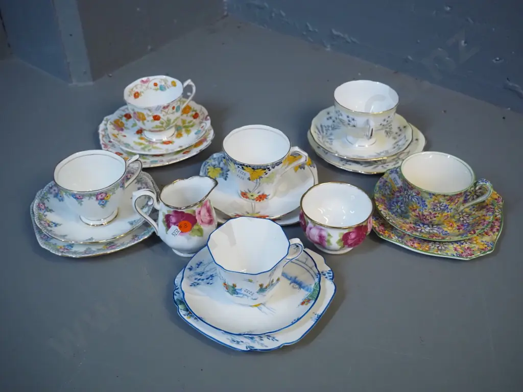English china - 6 trios - Royal Albert, Royal Winton etc. - and a Royal Albert Old English Rose cream & sugar Image 1++