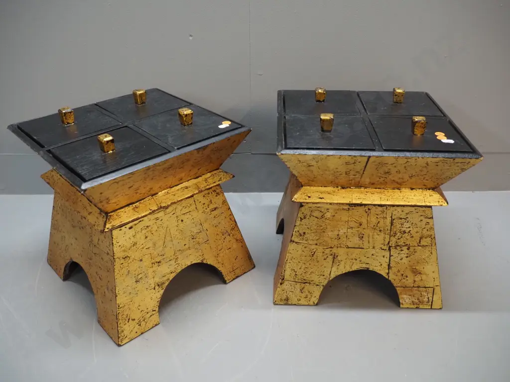 pair of Chinese gilt & black finish storage boxes w/4 small lidded compartments on top H310 W290 D290 Image 1++