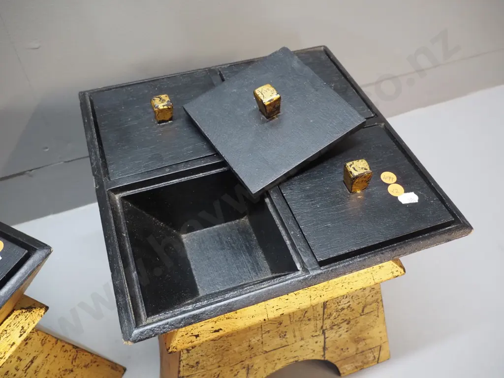 pair of Chinese gilt & black finish storage boxes w/4 small lidded compartments on top H310 W290 D290 Image 1++