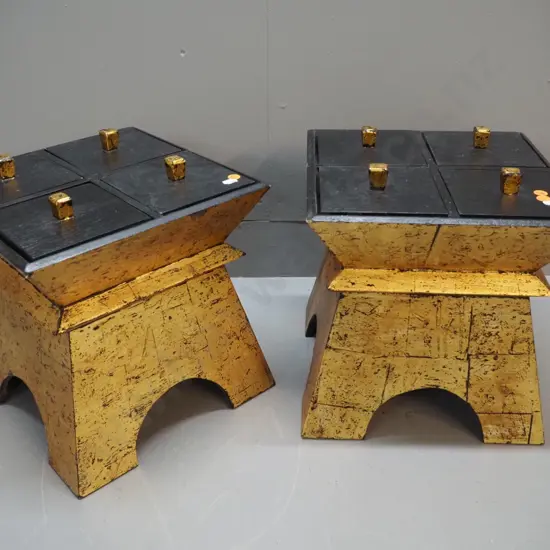 pair of Chinese gilt & black finish storage boxes w/4 small lidded compartments on top H310 W290 D290