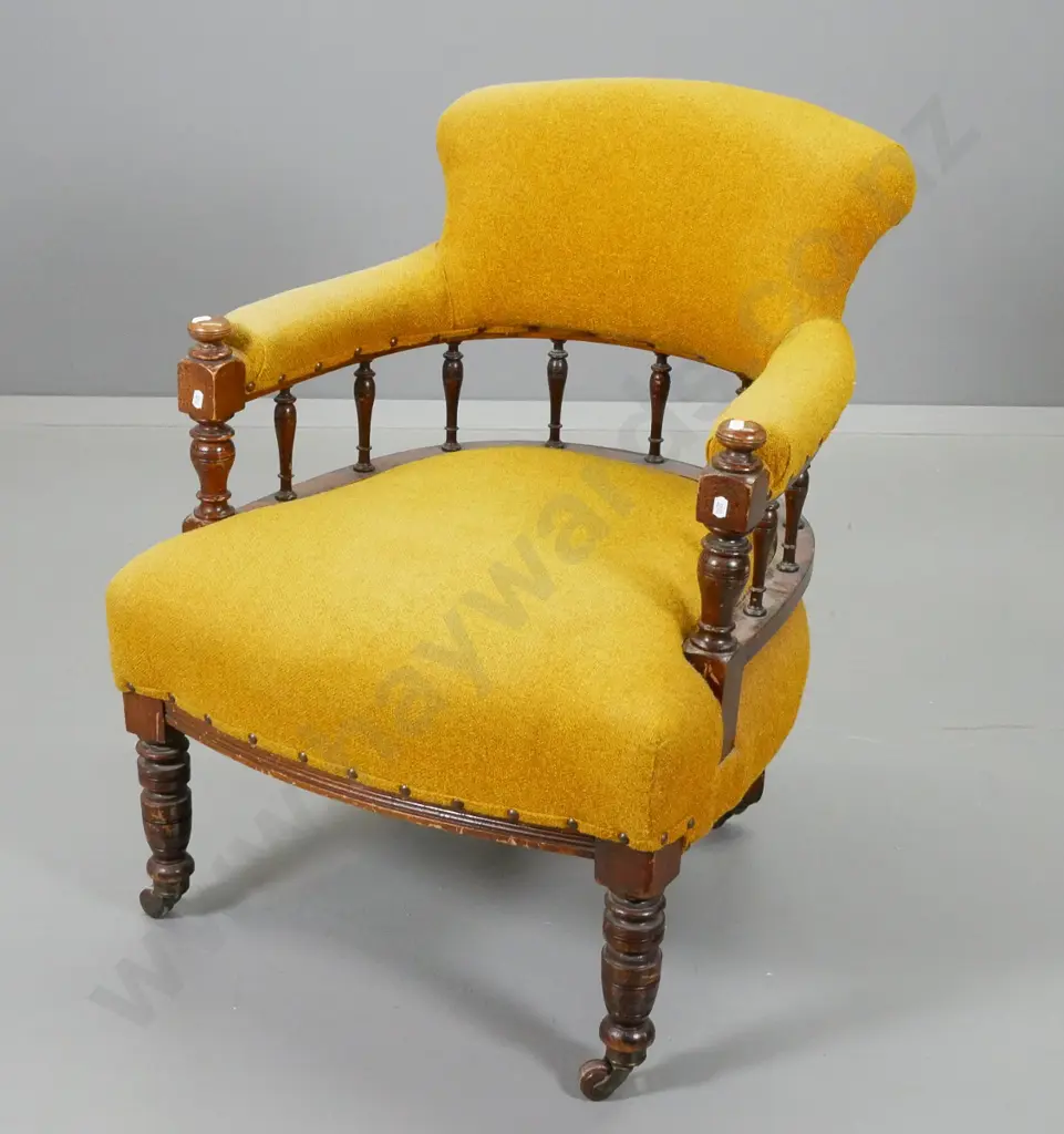 vintage mahogany tub chair with spindles and original porcelain casters, in gold tweed fabric H800 W610 D620 Image 1++