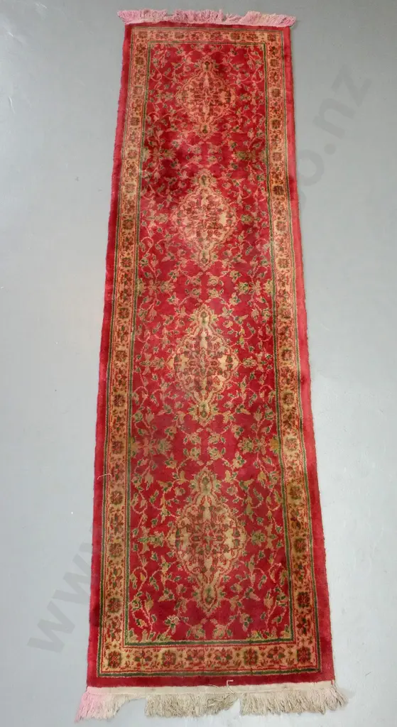 Bangladeshi jute Persian-style floor runner - red, brown and green - some red dye has run L2250 W610 Image 1++