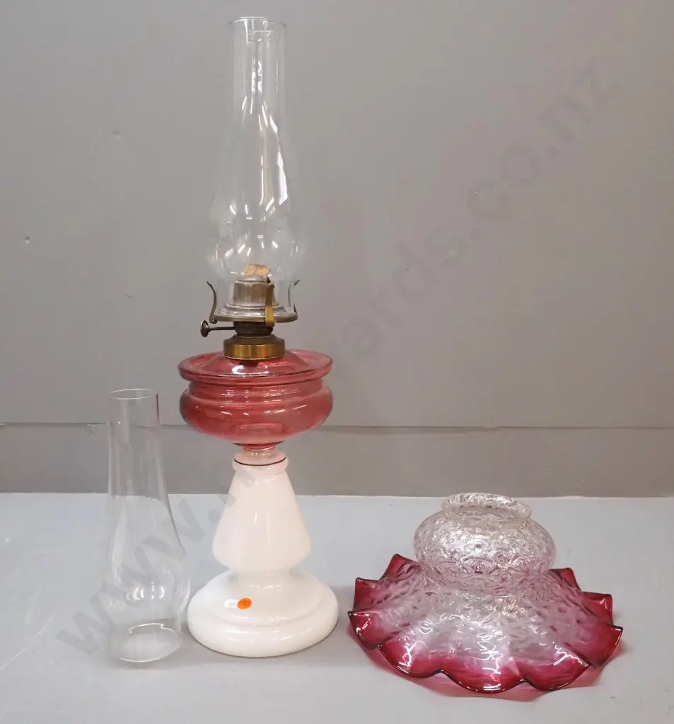 vintage kerosene lamp - white base, ruby tank, w/chimney plus a non-matching ruby & clear shade and spare chimney Image 1++
