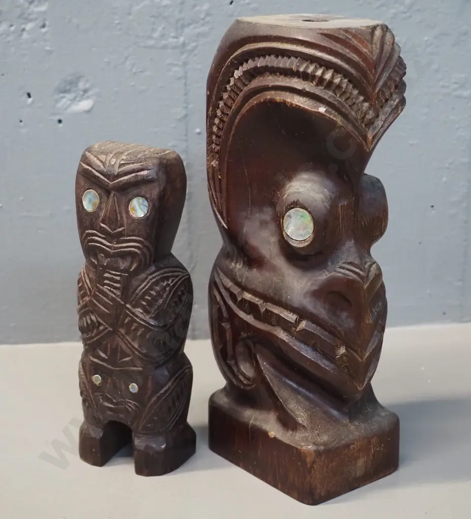 two carved wooden maori motif figures with paua inlay eyes - one with hole drilled in top is H-240 Image 1++