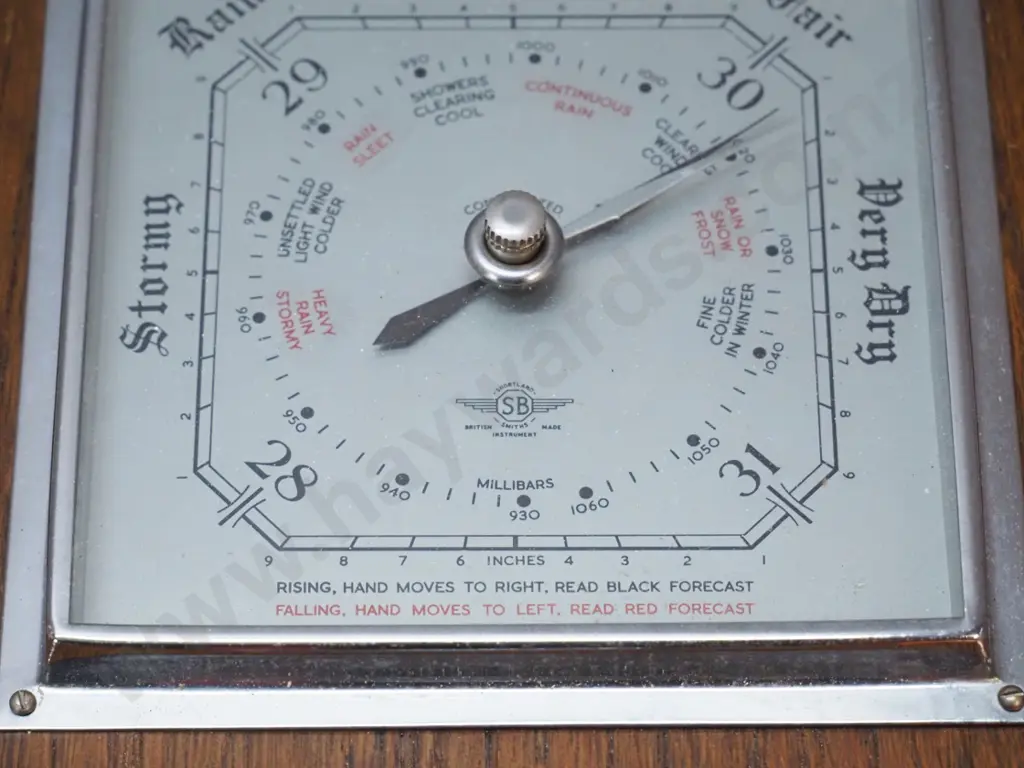 oak cased deco style wall barometer / thermometer - SB England, thermometer marked Rototherm - scratches to polish Image 1++