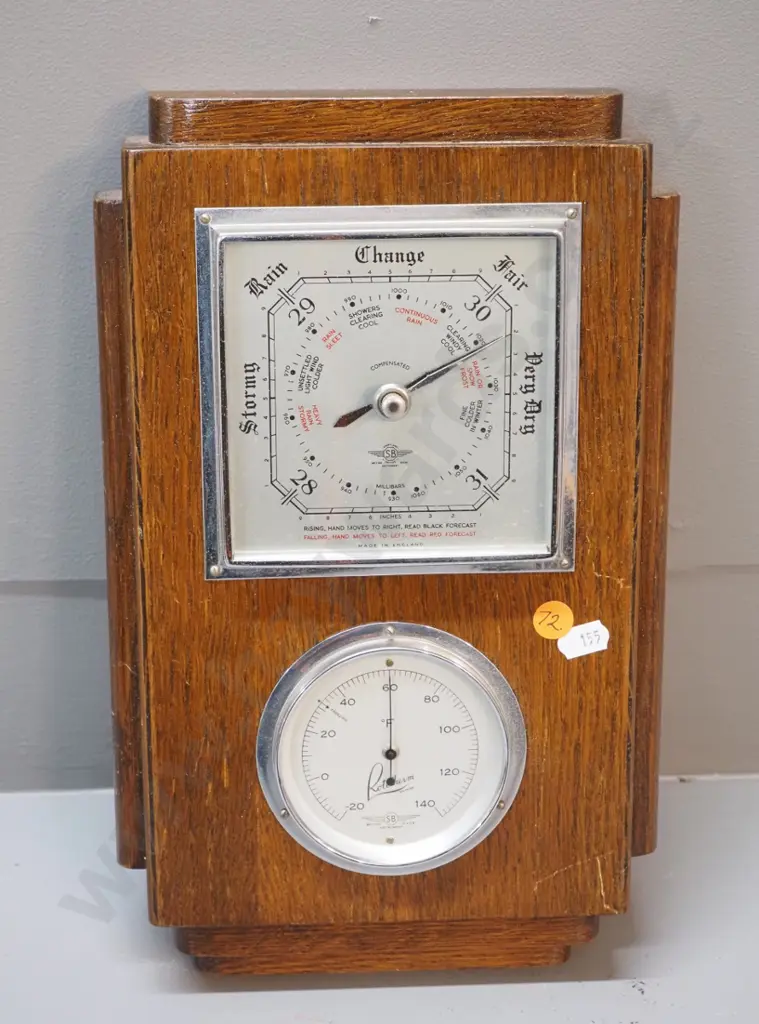 oak cased deco style wall barometer / thermometer - SB England, thermometer marked Rototherm - scratches to polish Image 1++