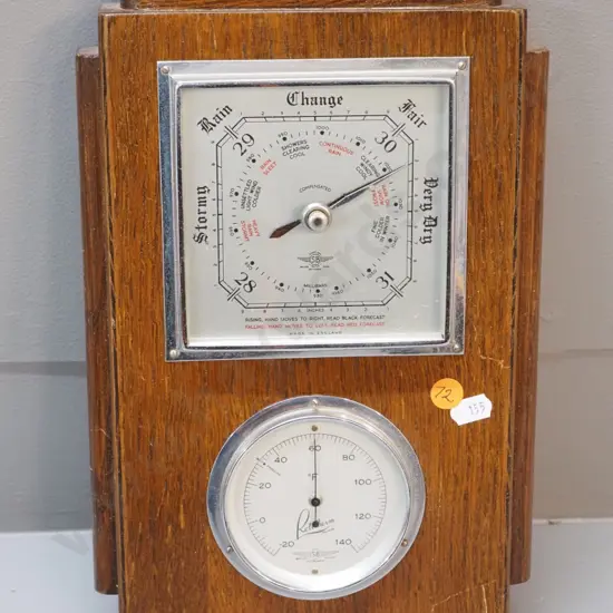 oak cased deco style wall barometer / thermometer - SB England, thermometer marked Rototherm - scratches to polish