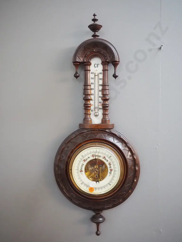 vintage ornate wood cased wall barometer-thermometer H600 Image 1++