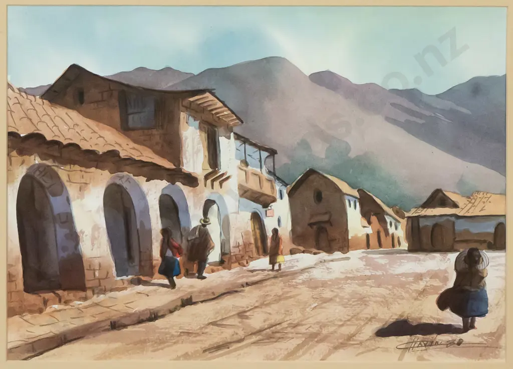 framed watercolour - street scene H-230 W-320 Image 1++