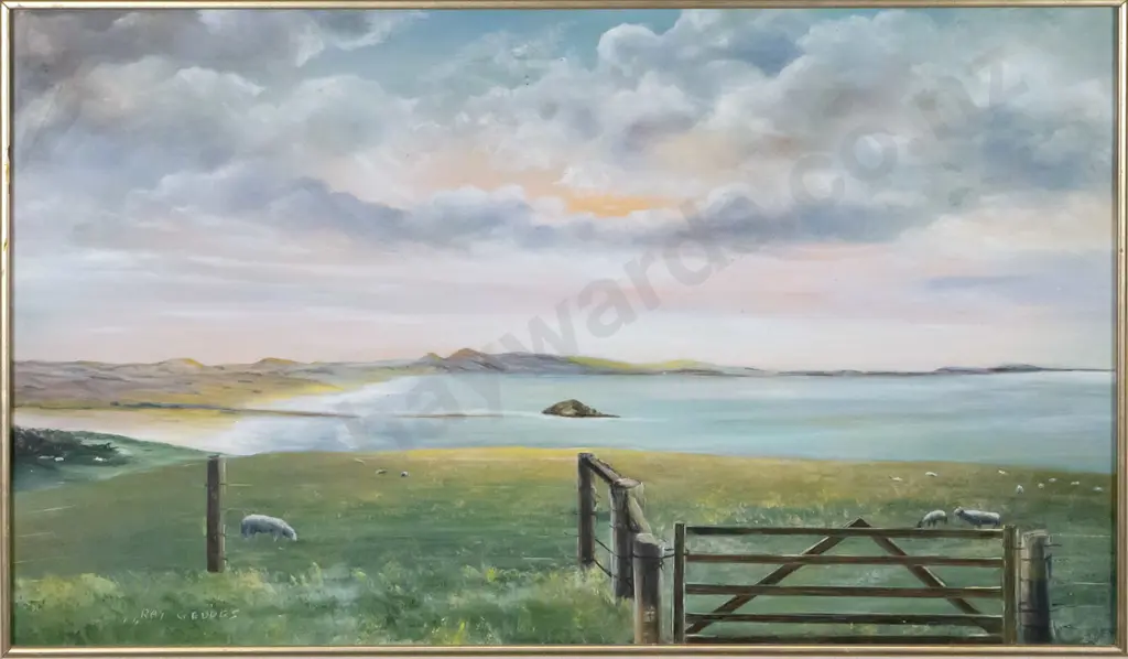 Ray Geddes 1984 - framed oil "Taieri Mouth & Coast" H-340 W-580 Image 1++