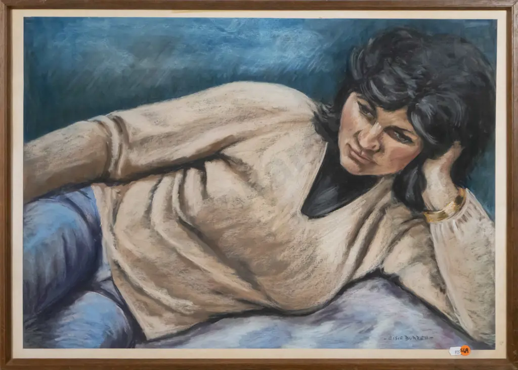 Elsie Burell 1976 - framed pastel "portrait reclining female" H-440 W-630 Image 1++
