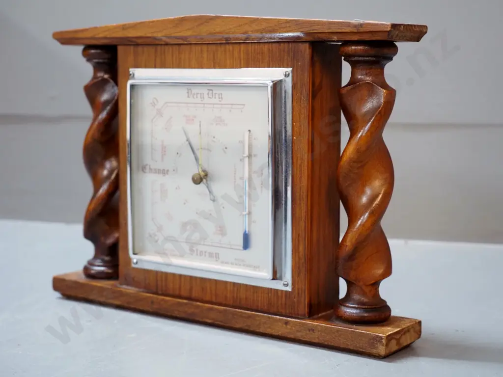 deco style oak cased wall barometer-thermometer with Jacobean twist columns - marked "SB England" H185 W265 Image 1++