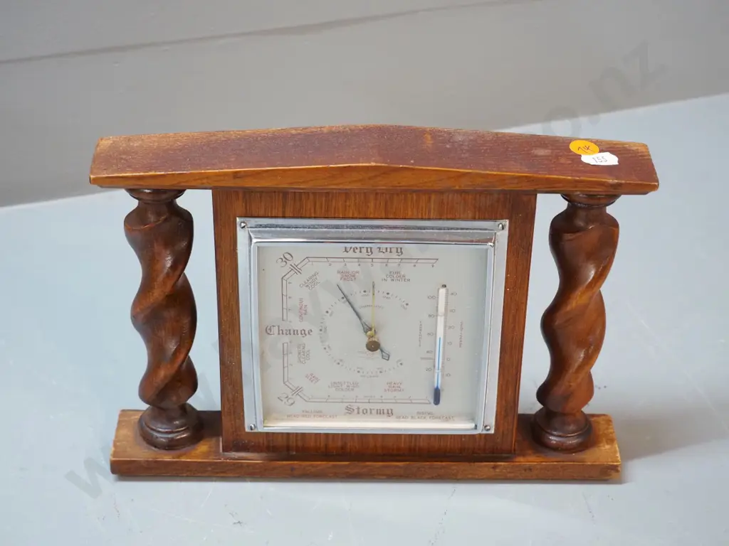 deco style oak cased wall barometer-thermometer with Jacobean twist columns - marked "SB England" H185 W265 Image 1++