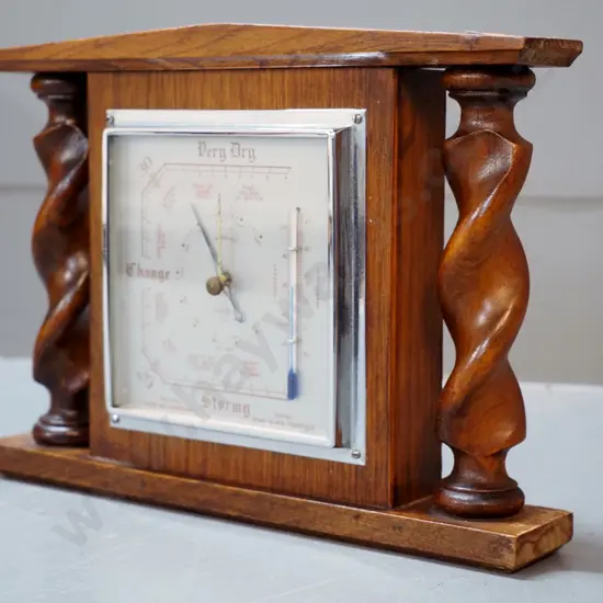 deco style oak cased wall barometer-thermometer with Jacobean twist columns - marked "SB England" H185 W265