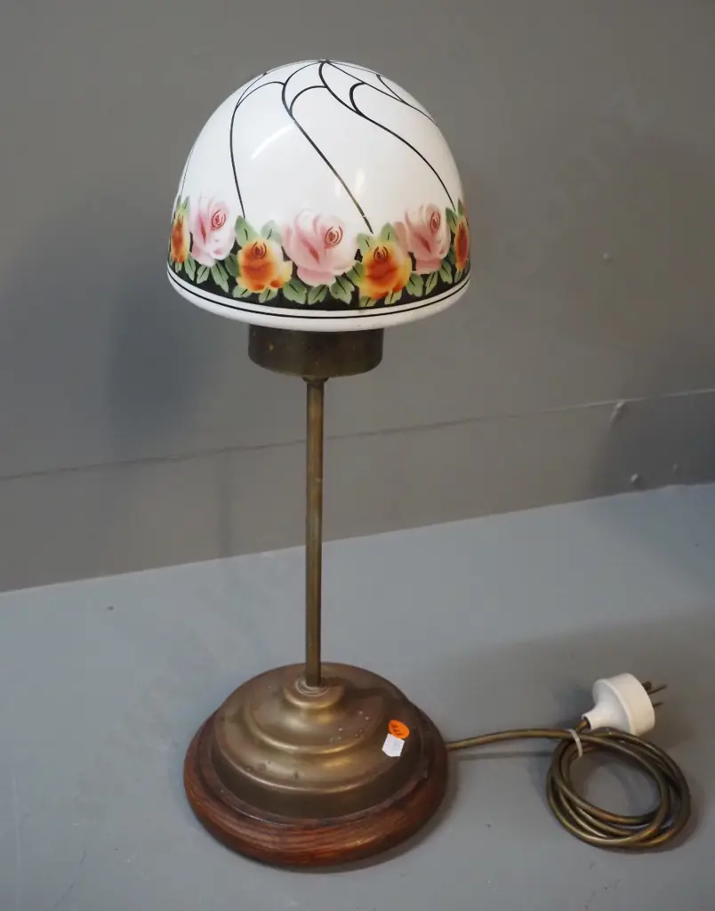 vintage brass table lamp on wooden base, milk glass shade with floral band H480 Image 1++