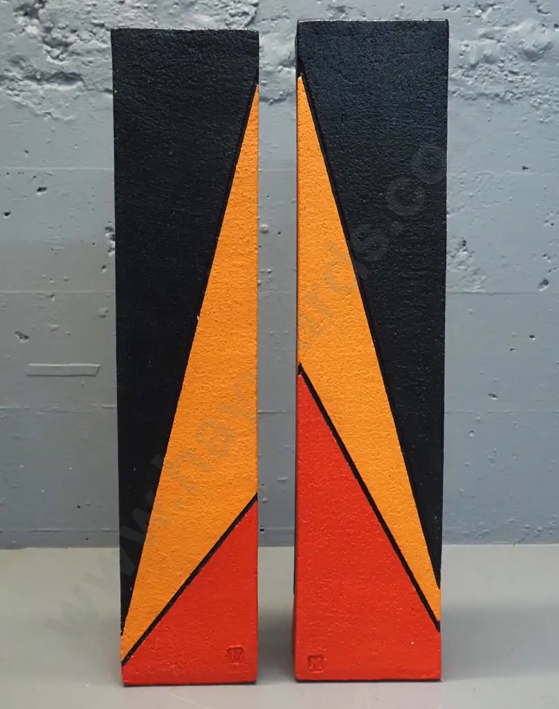2 Danny Moorwood studio pottery slab vases - black with geometric orange and red patterns H-540 Image 1++