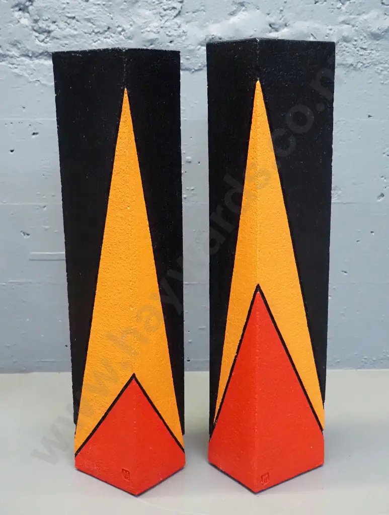 2 Danny Moorwood studio pottery slab vases - black with geometric orange and red patterns H-540 Image 1++