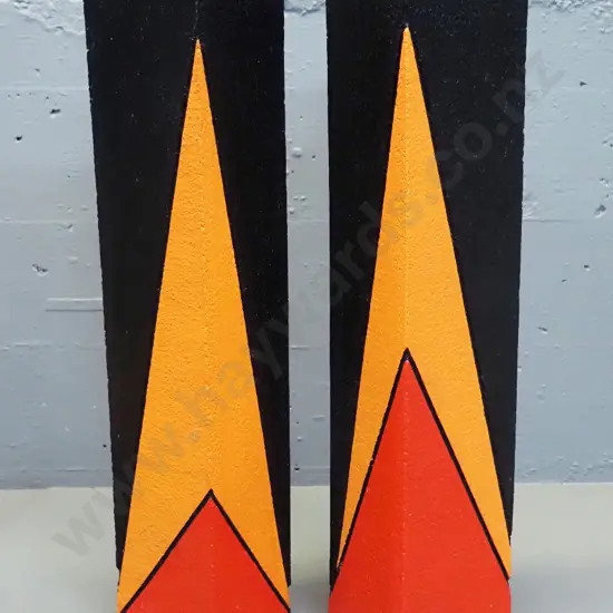 2 Danny Moorwood studio pottery slab vases - black with geometric orange and red patterns H-540