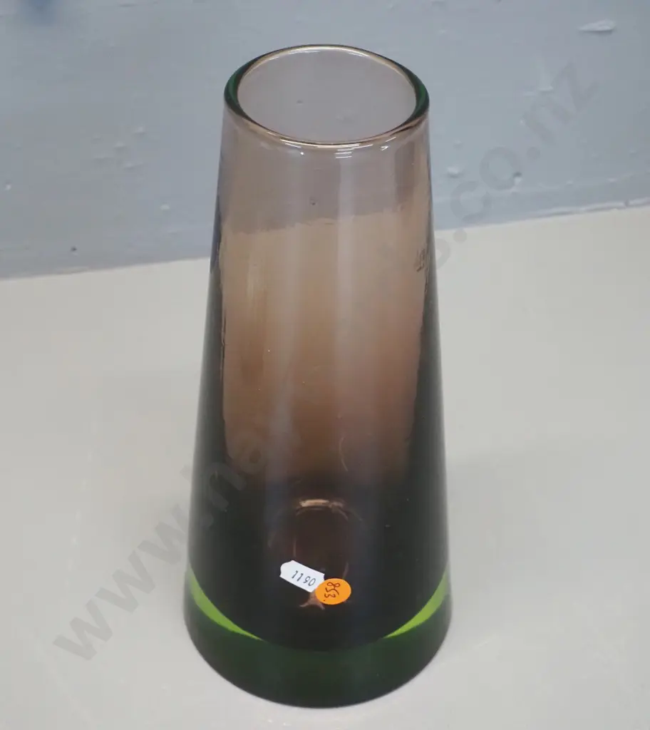 heavy art glass tapered vase - green base & smokey purple upper - small inner flaw on base H265 D120 at base Image 1++