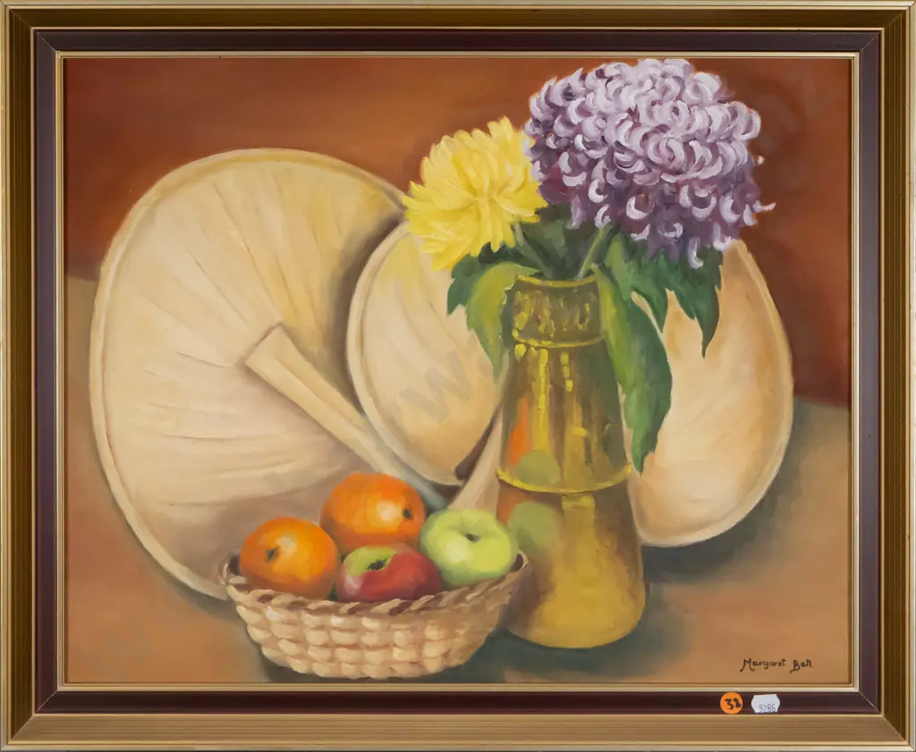 Margaret Bell - framed acrylic - still life fruit & flowers H-390 W-490 Image 1++