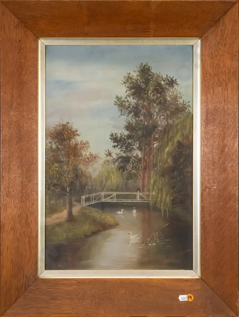 Ella Rudman - framed oil on canvas - swans in river H-440 W-290 Image 1++