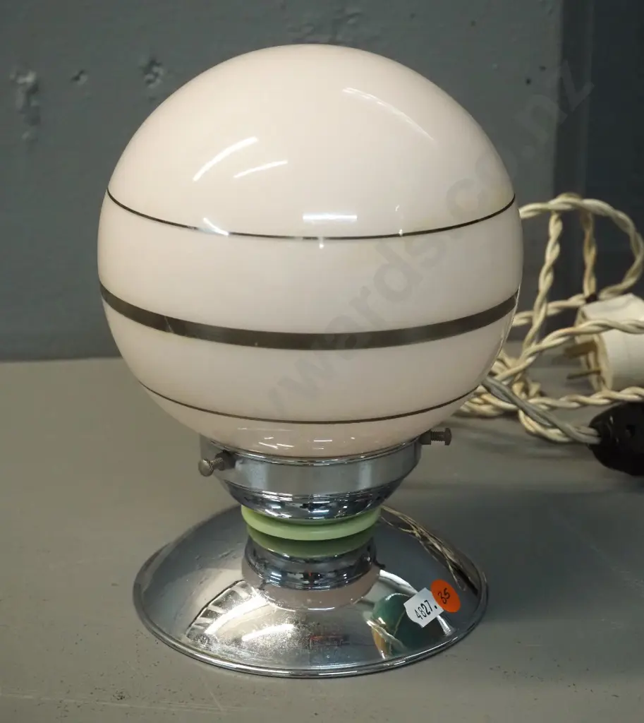 deco glass globe table lamp with chrome base - shade is pink glass with silver stripes H220 D170 Image 1++