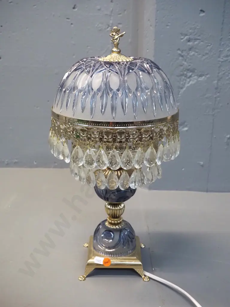 moulded glass and brass or brass-finish metal table lamp with lustres H-440 D-220 Image 1++