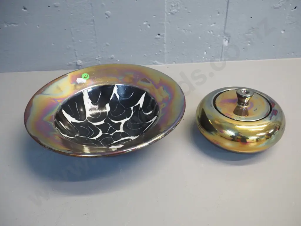 2 pieces Danny Moorwood  metallic lustre studio pottery - cover pot and bowl with black and white inner motif D-260 Image 1++