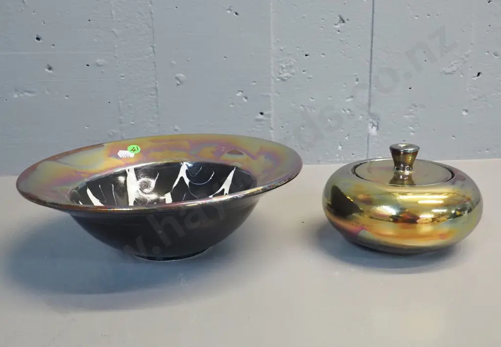 2 pieces Danny Moorwood  metallic lustre studio pottery - cover pot and bowl with black and white inner motif D-260 Image 1++