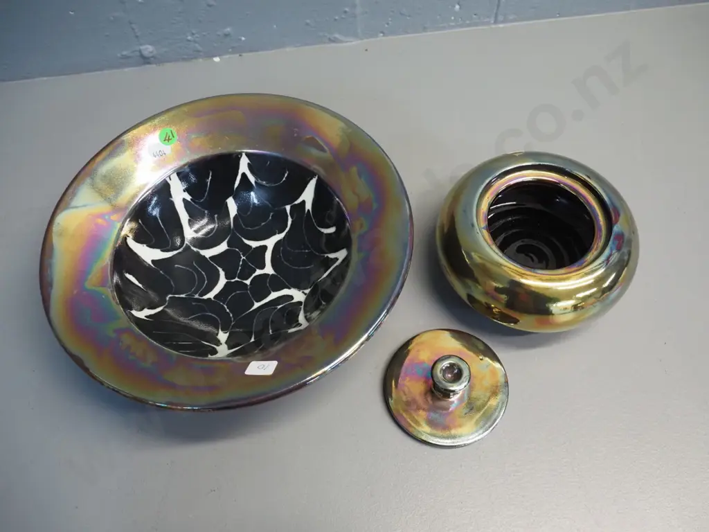 2 pieces Danny Moorwood  metallic lustre studio pottery - cover pot and bowl with black and white inner motif D-260 Image 1++